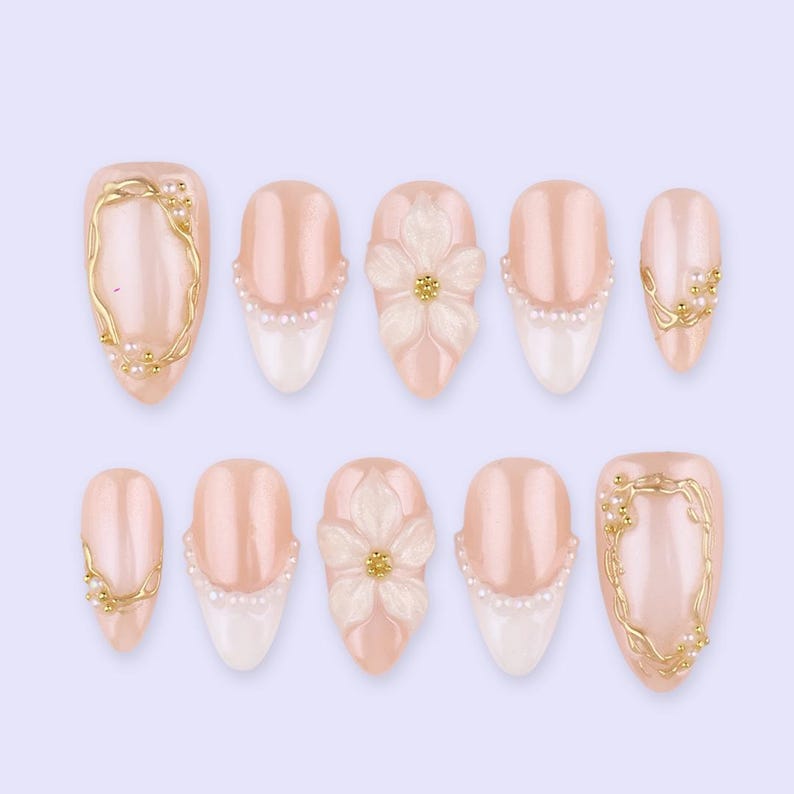 Pearl Bloom Floral Gold Frame Press On Nails