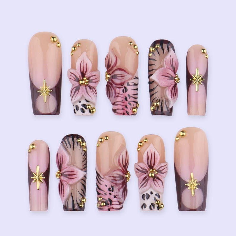 Mocha Floral Gold Accent Press On Nails