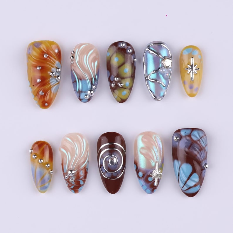 Abstract Brown Blue Chrome Swirl Press On Nails