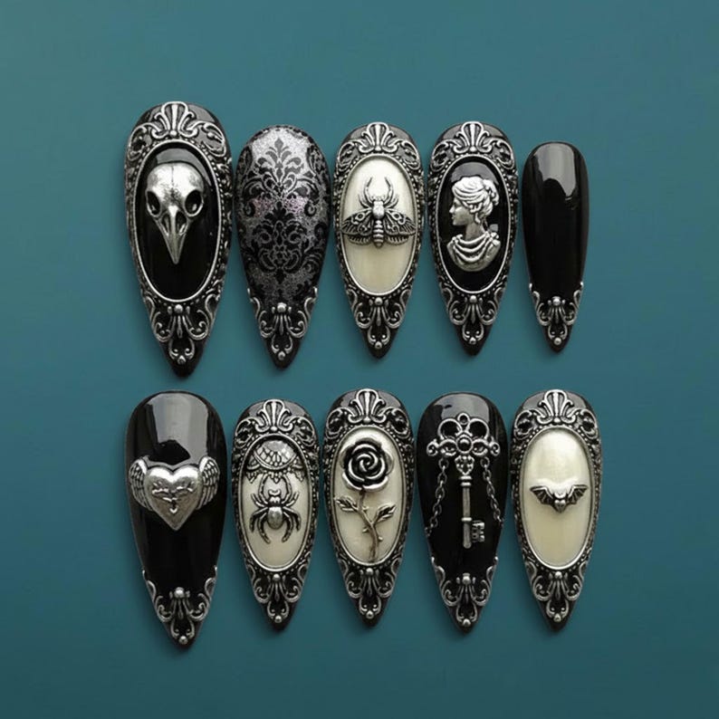 Victorian Gothic Silver Damask Raven Skull Press On Nails