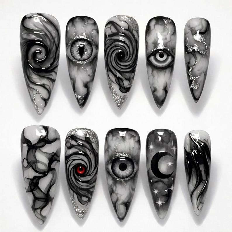 Mystical Gothic Evil Eye Chrome Press On Nails