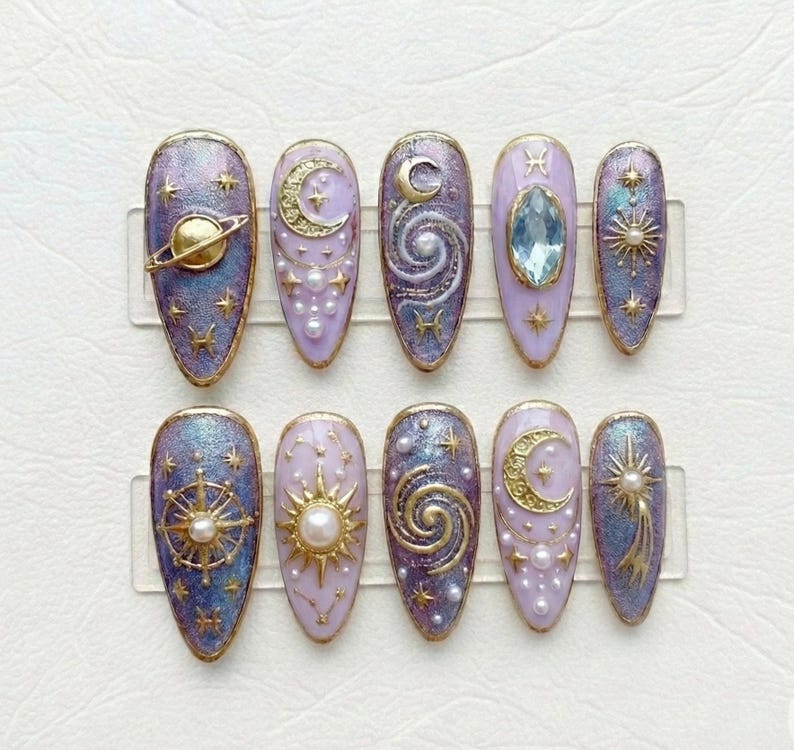 Luxury Celestial Zodiac Purple Press On Nails