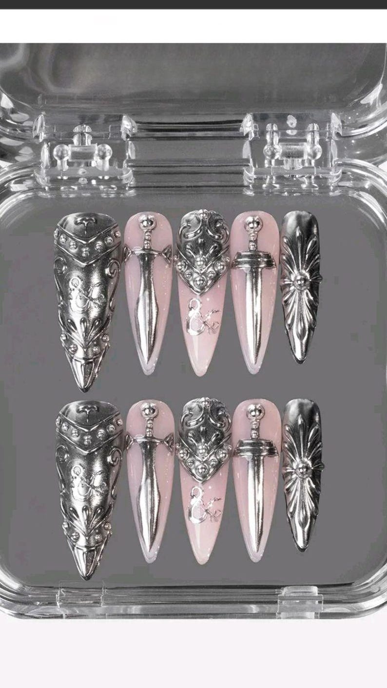 Silver Armor Sword Dark Fantasy Gothic Press On Nails