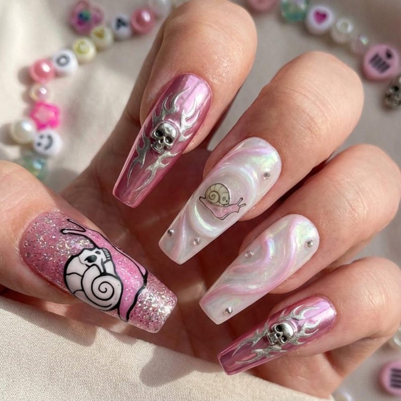 Pink Chrome Coquette Skull Charm Stiletto Press On Nails
