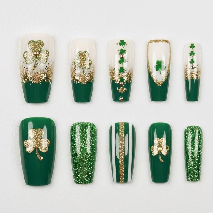 Green Gold Glitter Clover Luxury Festival Press On Nails