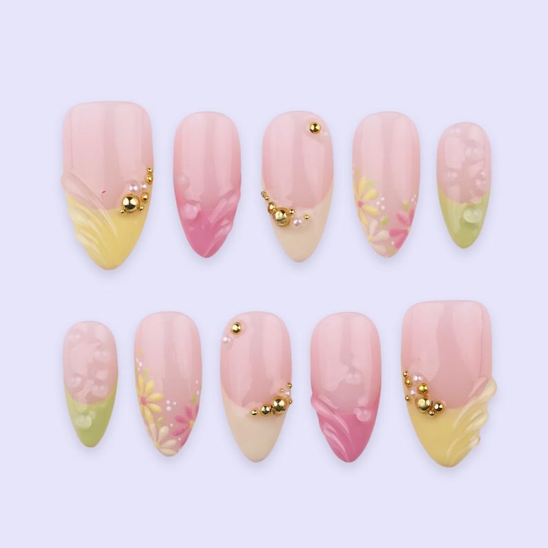 Soft Pastel Floral Almond Spring Press On Nails with Gold Beads