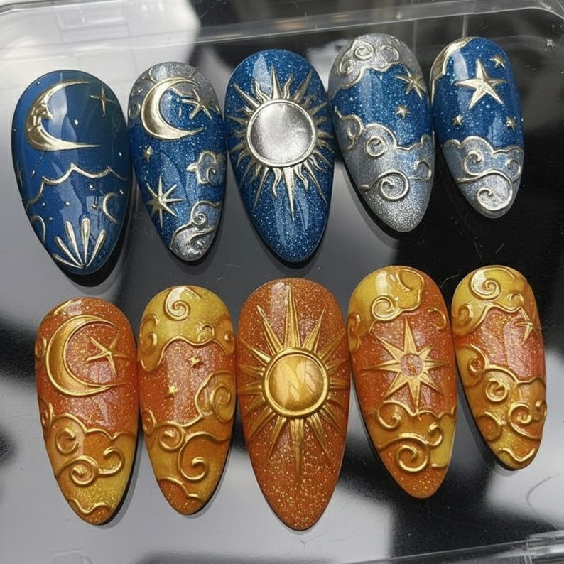Mystical Celestial Sun Moon Elegant Press On Nails