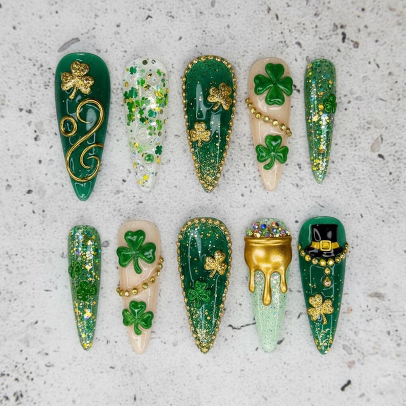 Green Glitter Lucky Clover Festive Press On Nails