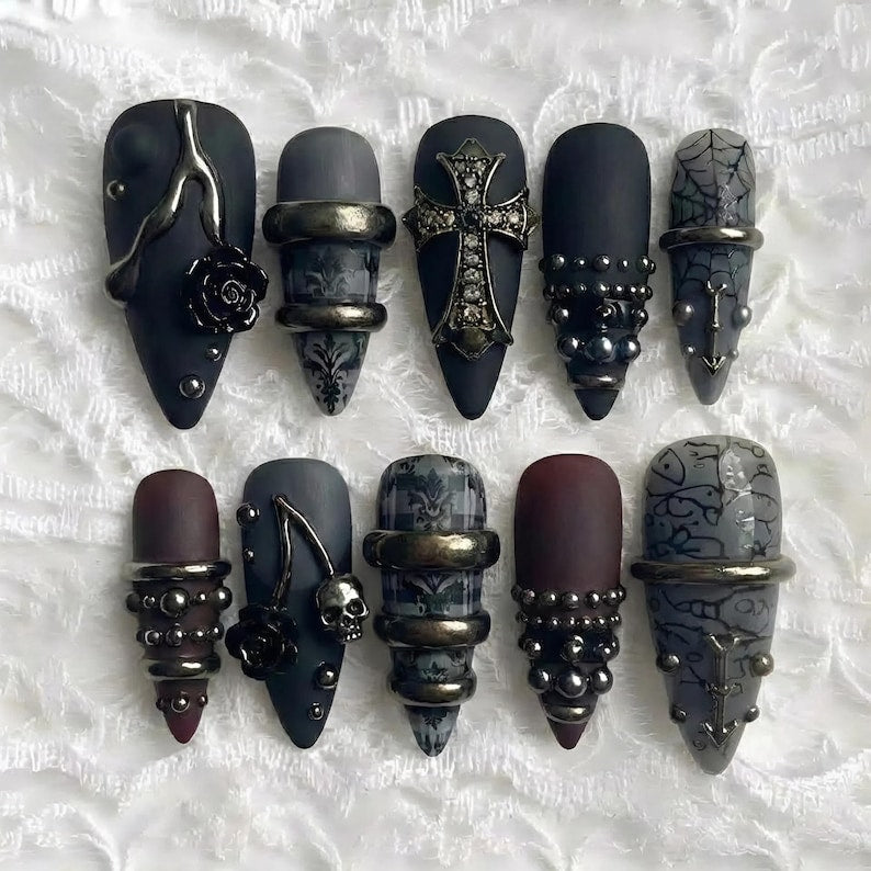 Gothic Punk Skull Spiderweb Studded Stiletto Press On Nails