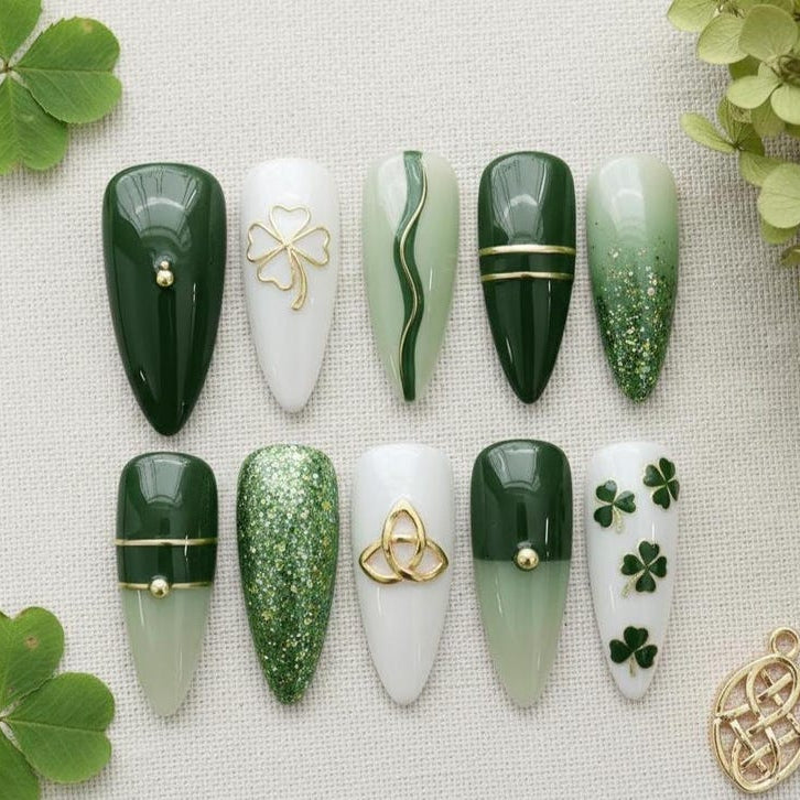 Elegant Green Ombre Clover Festive Press On Nails