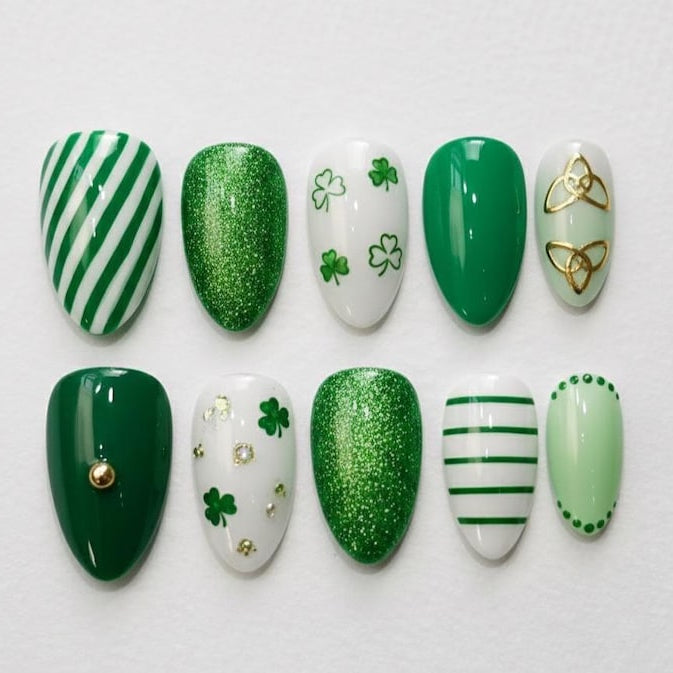 Lucky Glitter Green Clover Bow Festive Press On Nails