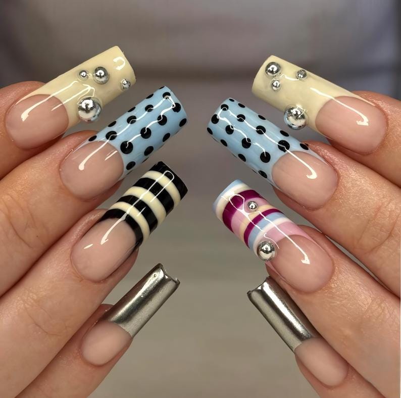 Funky Mix And Match Polka Dot Stripe Chrome Tip Press On Nails