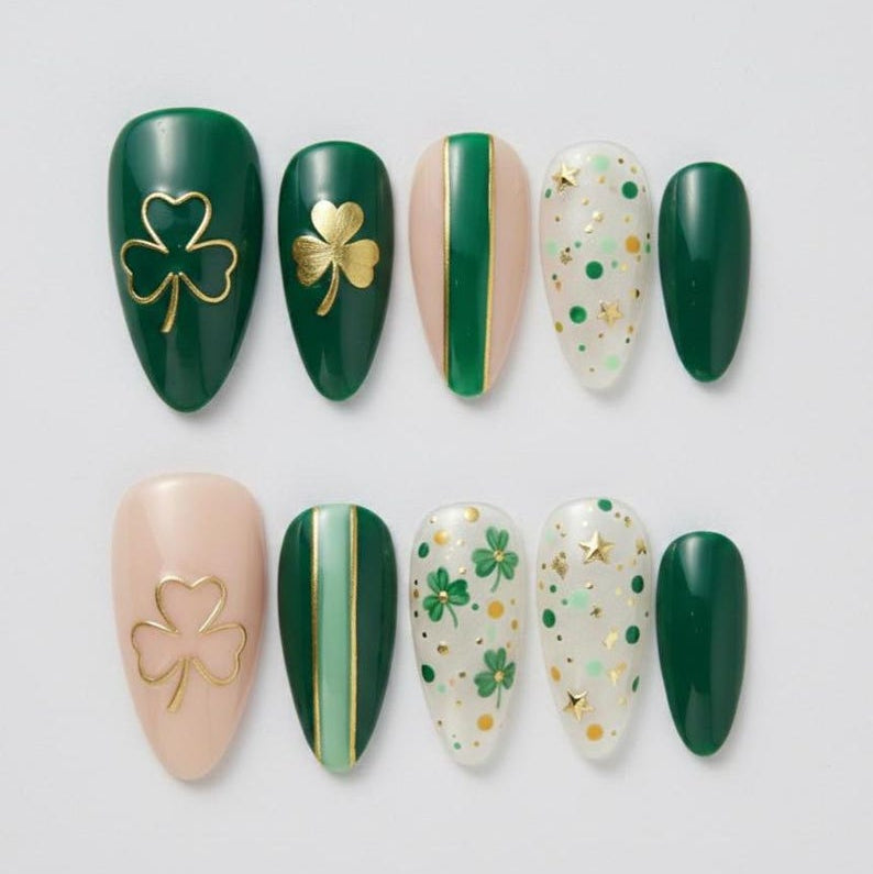 St Patrick’s Day Press On Nails, Green Clover Nails, Gold 3D Bow Emerald Nail