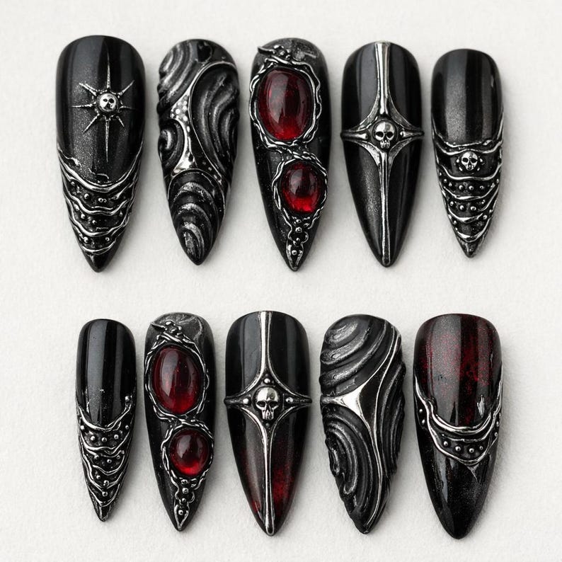 Dark Gothic Silver Ornate 3D Press On Nails