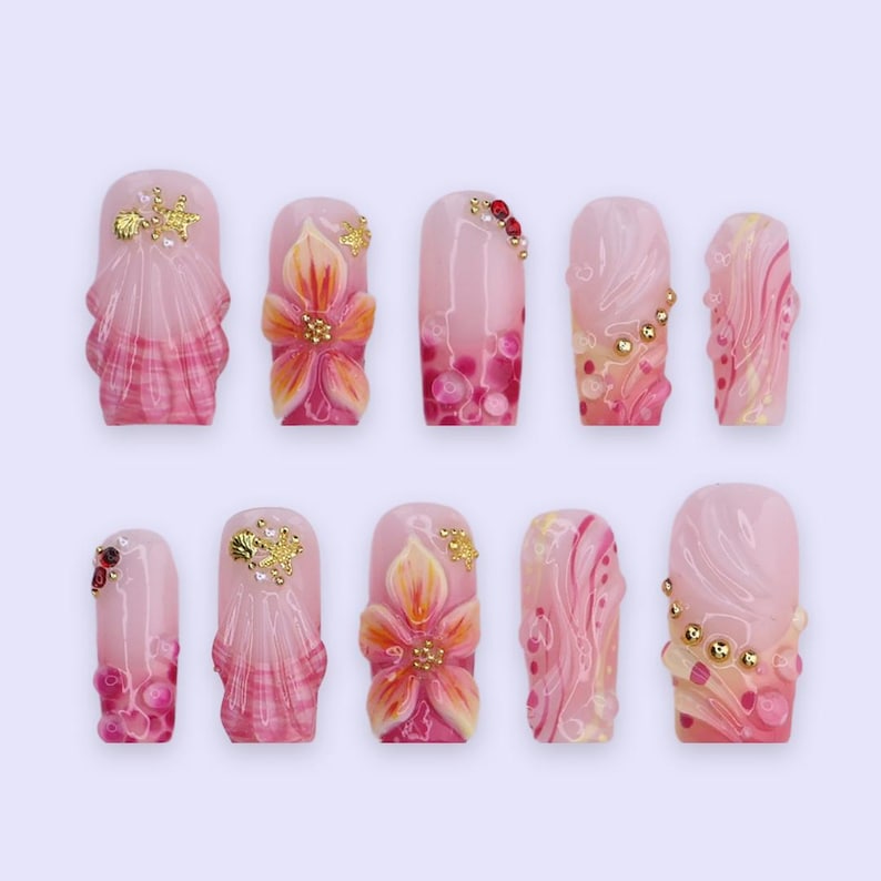 Blush Pink Seashell Floral 3D Spring Press On Nails