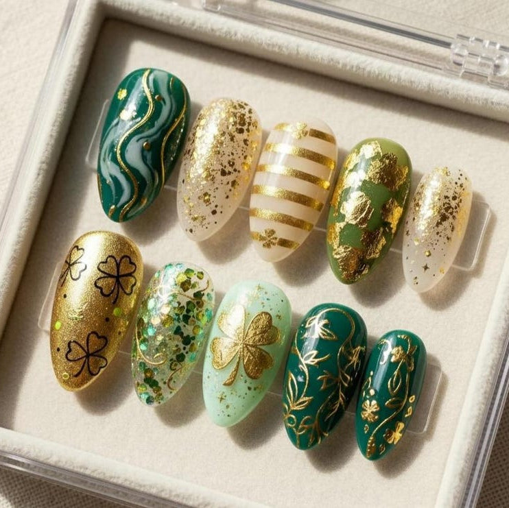 Lucky Clover Press On Nails: St Patrick’s Day Green Gold Foil Nails