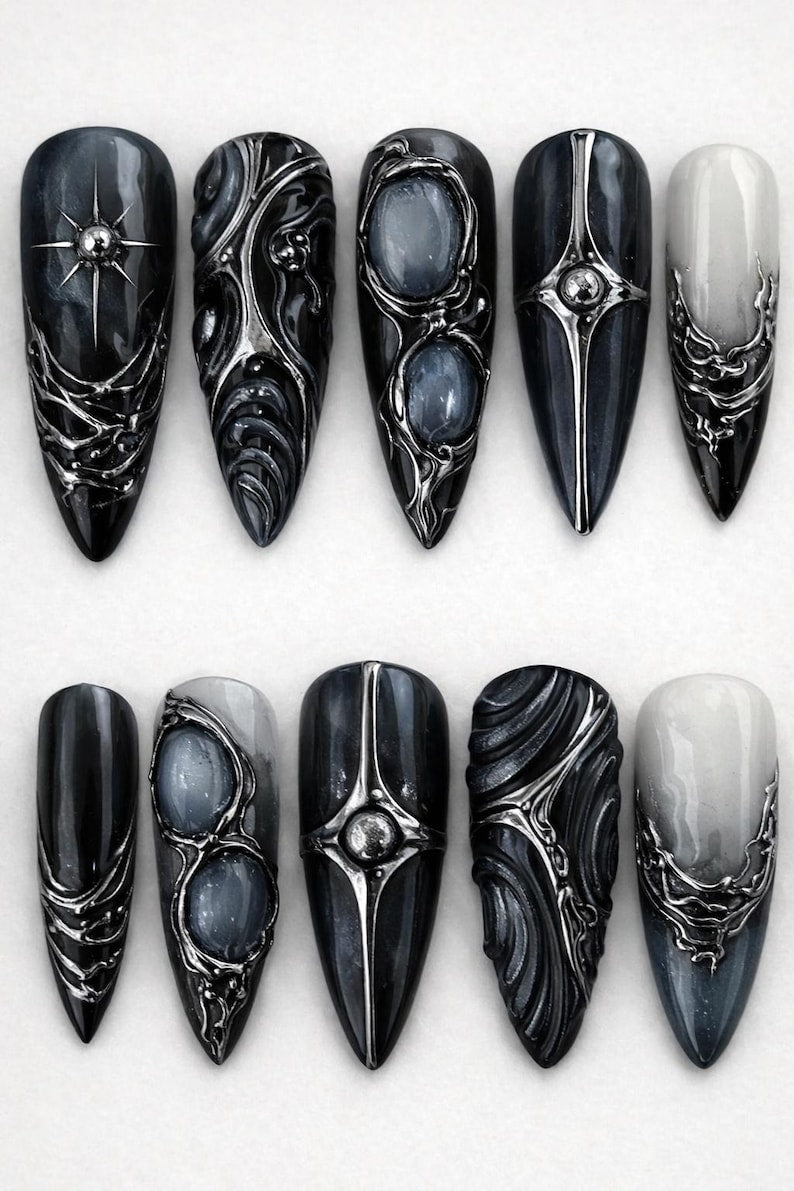 Dark Gothic Silver Chrome Stiletto Press On Nails
