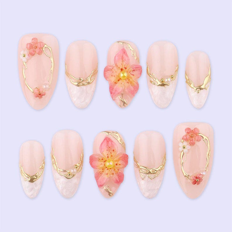 Petal Glow Floral Pearl Gold Frame Press On Nails