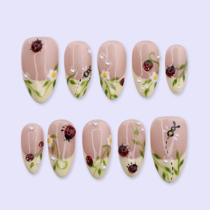 Spring Garden Daisy Green French Tip Press On Nails