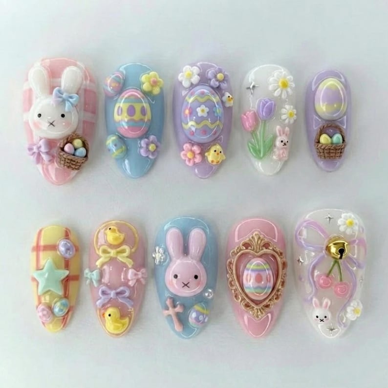 Kawaii Pastel Bunny Egg Floral Press On Nails
