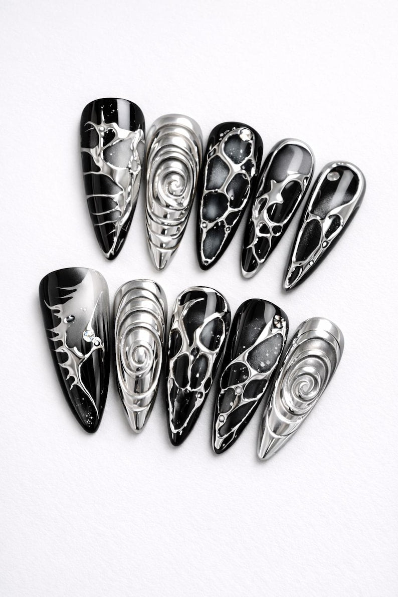 Black Silver Chrome Edgy Stiletto Press On Nails