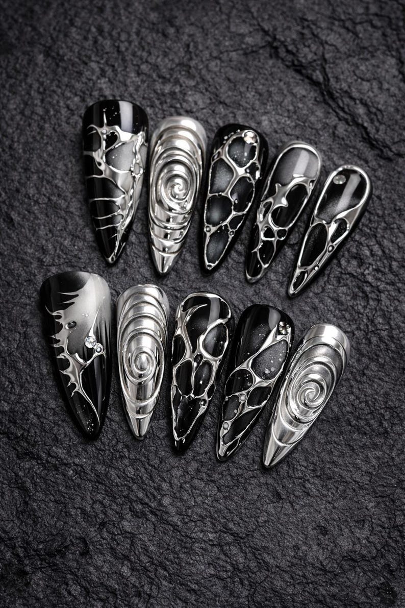Black Silver Chrome Edgy Stiletto Press On Nails