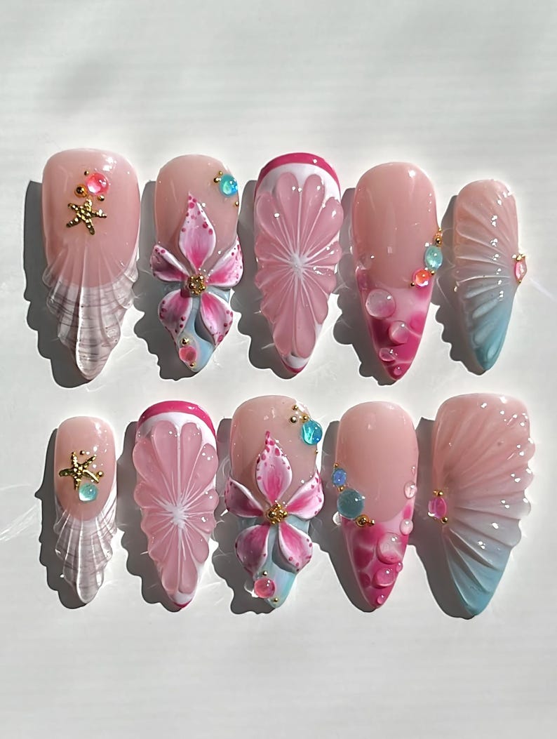 Dreamy Ocean Bloom 3D Press On Nails