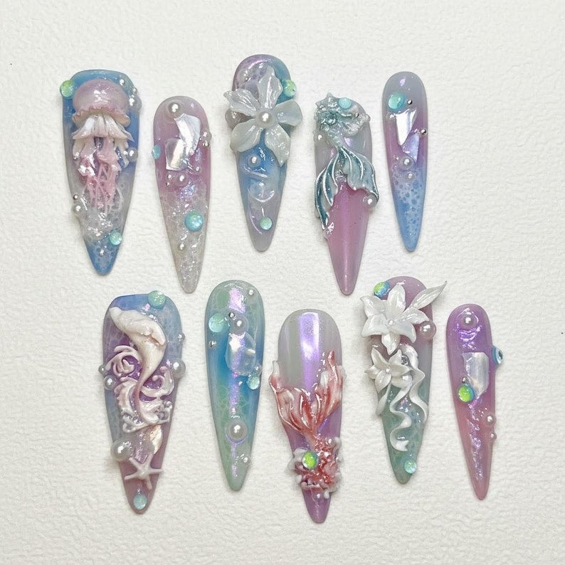 Iridescent Ocean Mermaid 3D Press On Nails