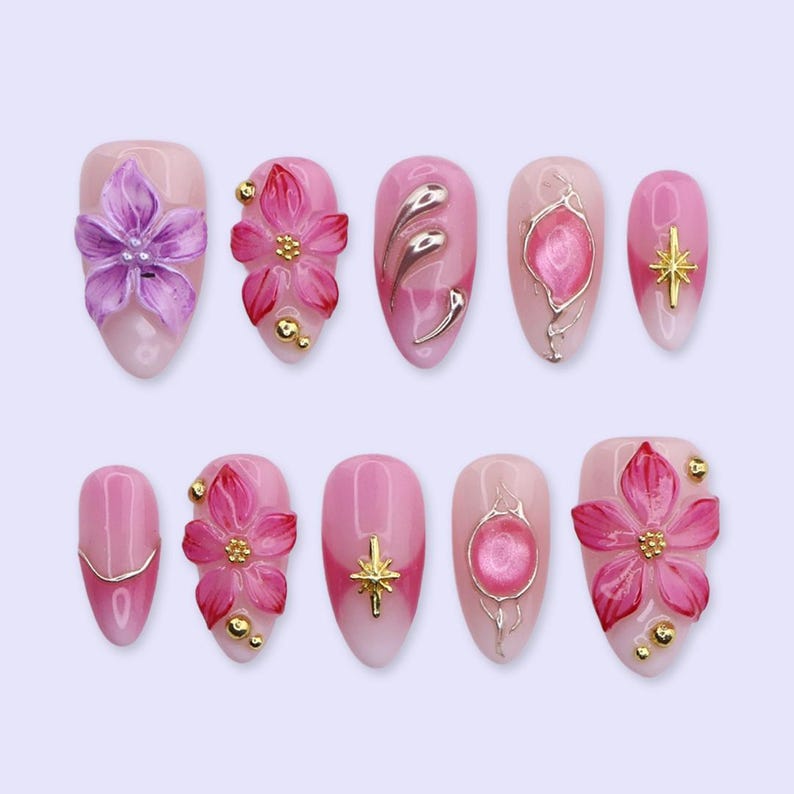 Pink Cat Eye Blossom 3D Elegant Press On Nails