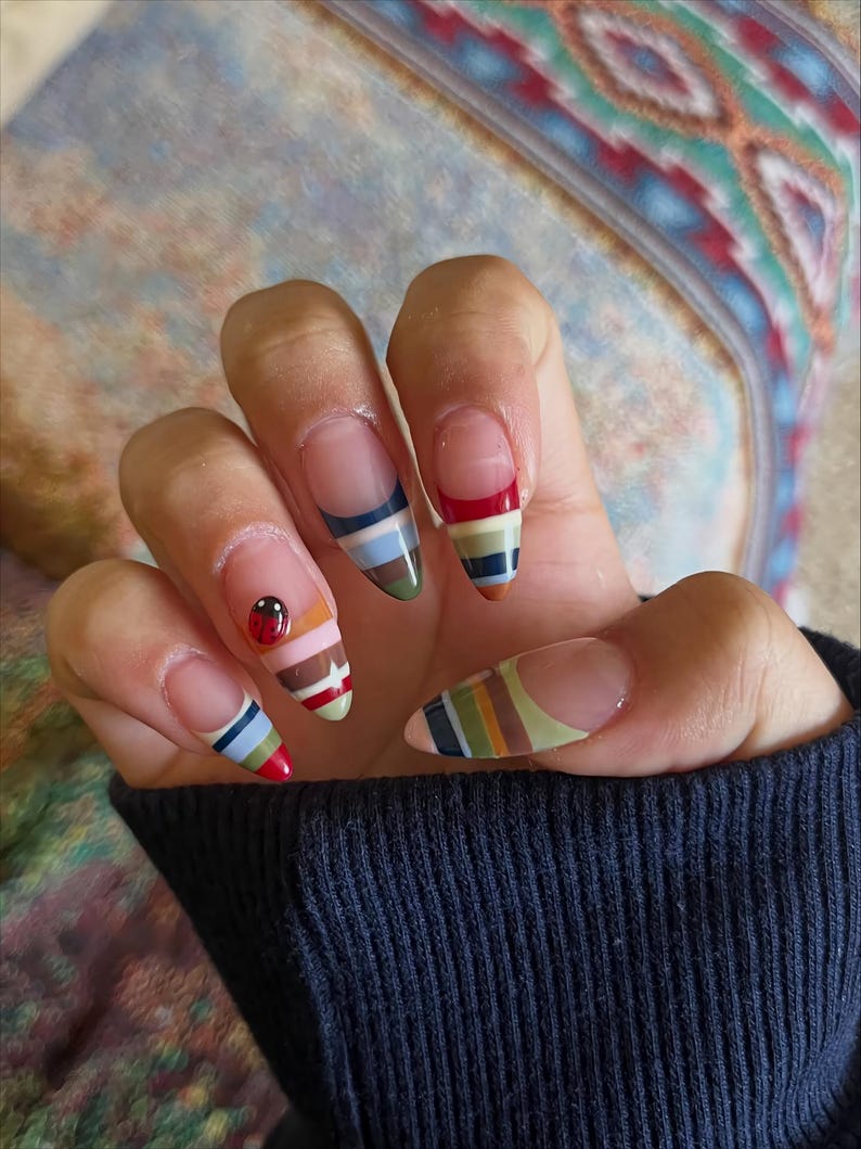 Retro Stripe Ladybug 3D Vintage French Tip Press On Nails