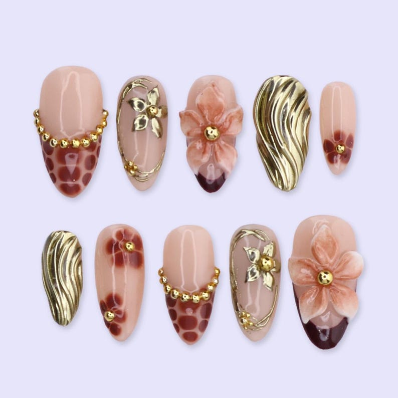 Mocha Bloom Gold Floral Accent Press On Nails