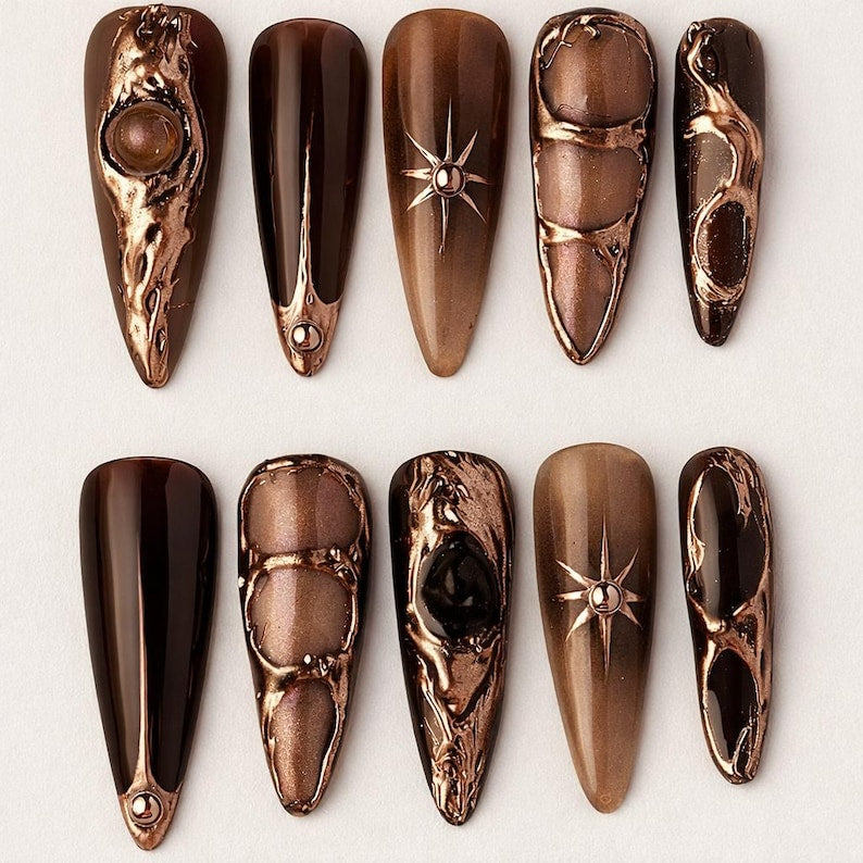 Dark Bronze Metallic Chrome Press On Nails