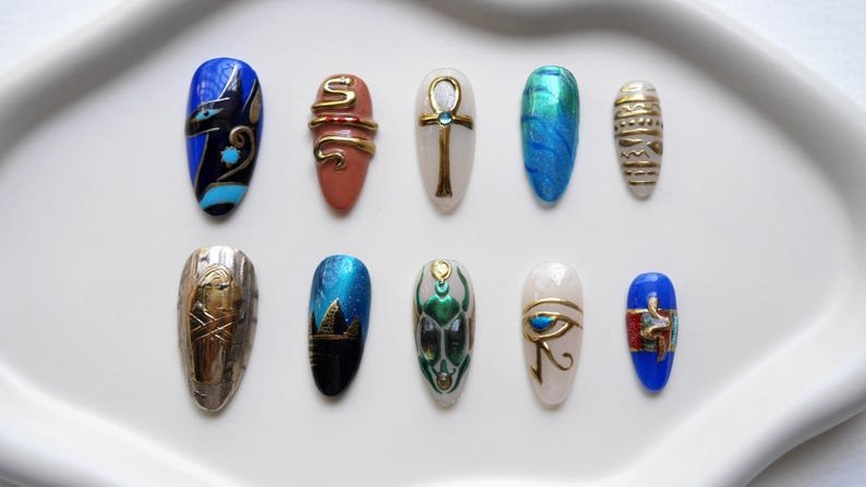 Royal Blue Gold Sacred Scarab Press On Nails