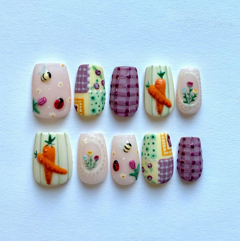 Pastel Cottagecore Garden Bee Ladybug Quilt Floral Press On Nails