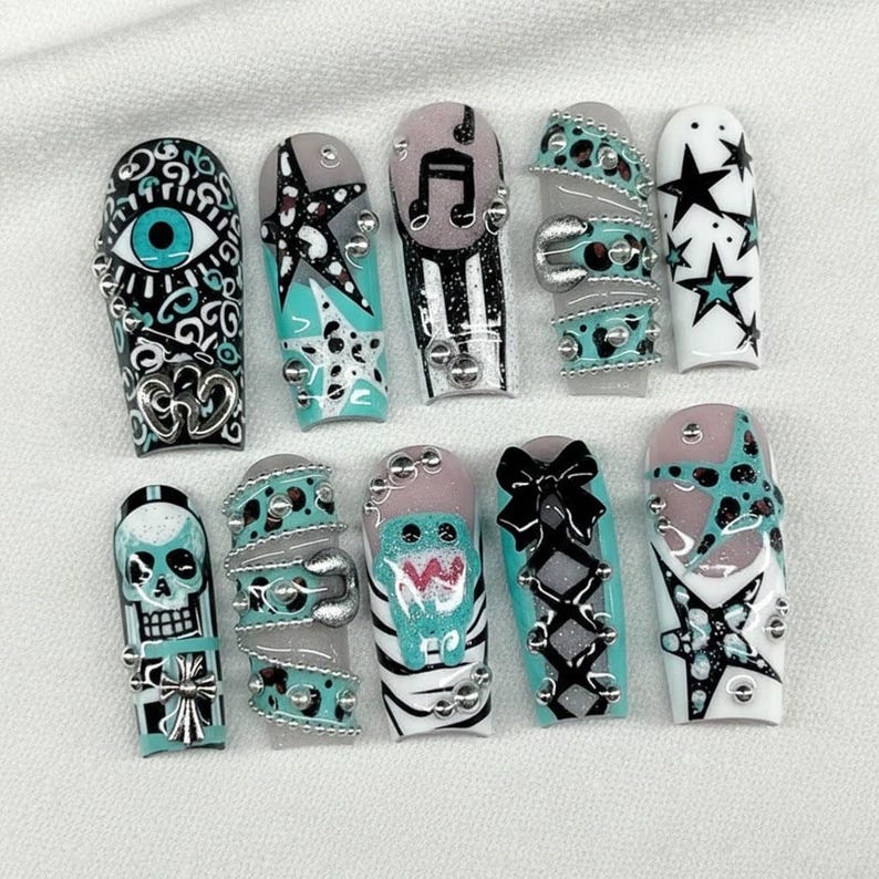 Teal Black Punk Skull Star Eye Statement Press On Nails