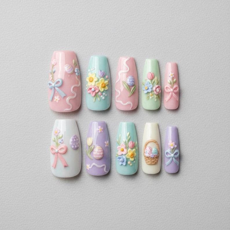 Pastel Easter Bunny Egg 3D Floral Press On Nails