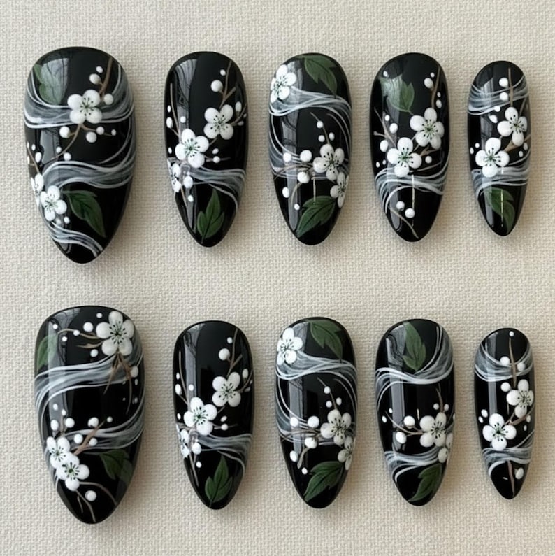 Elegant Dark Floral Press On Nails