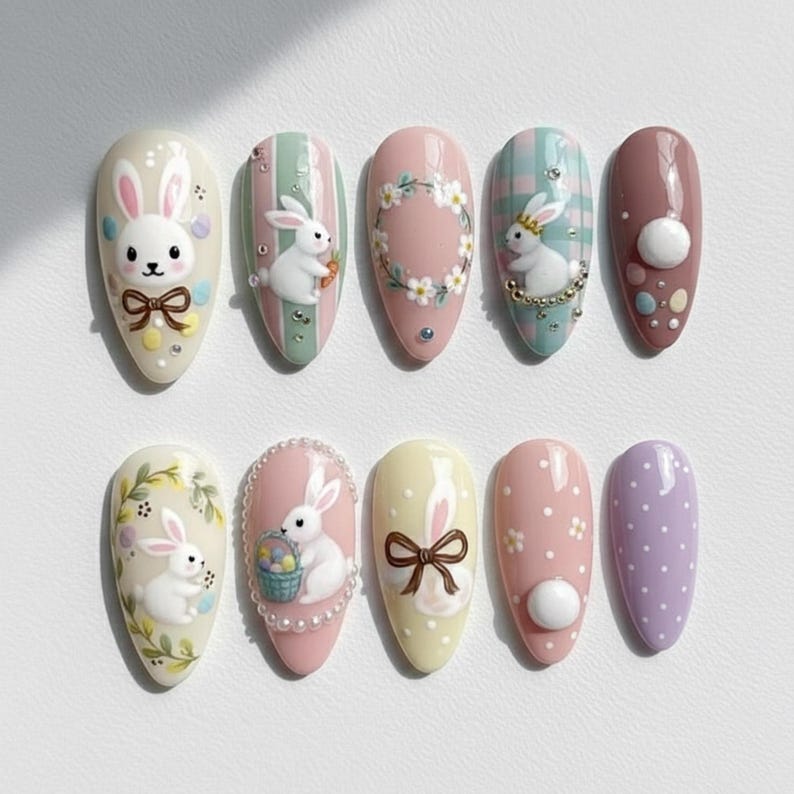 Cottagecore Pastel Bunny Floral Press On Nails