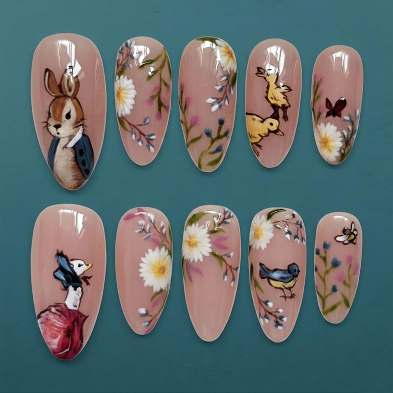 Hand Painted Storybook Bunny Pastel Cute Press On Nails