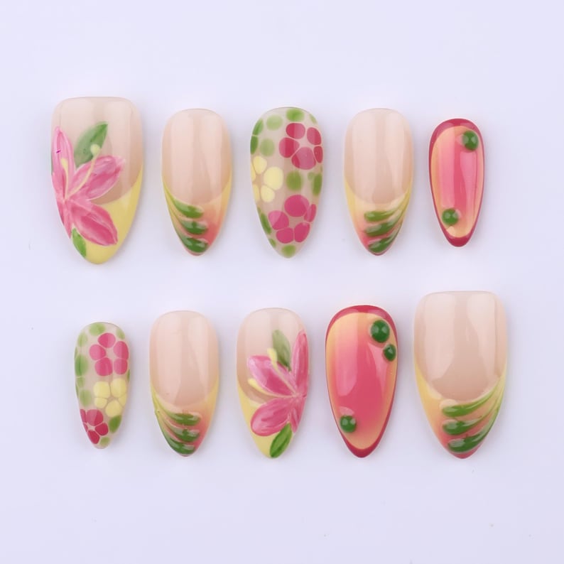 Pink Citrus Ombre Floral Spring Press On Nails