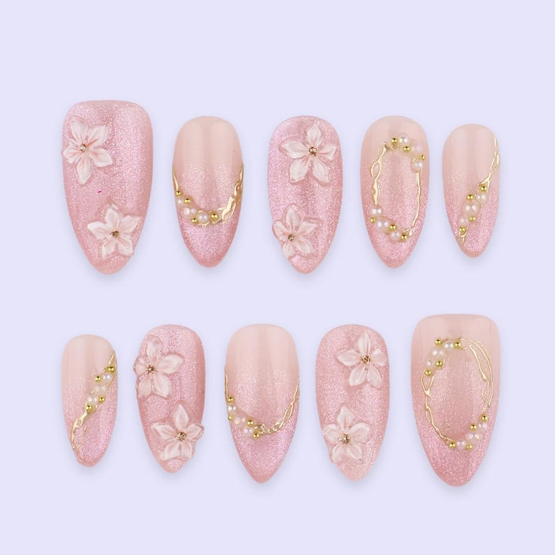 Pink Cat Eye Floral Gold Accent Elegant Press On Nails