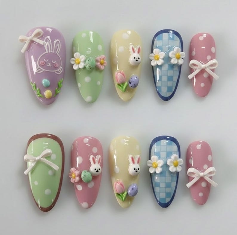 3D Bunny Pastel Egg Kawaii Press On Nails