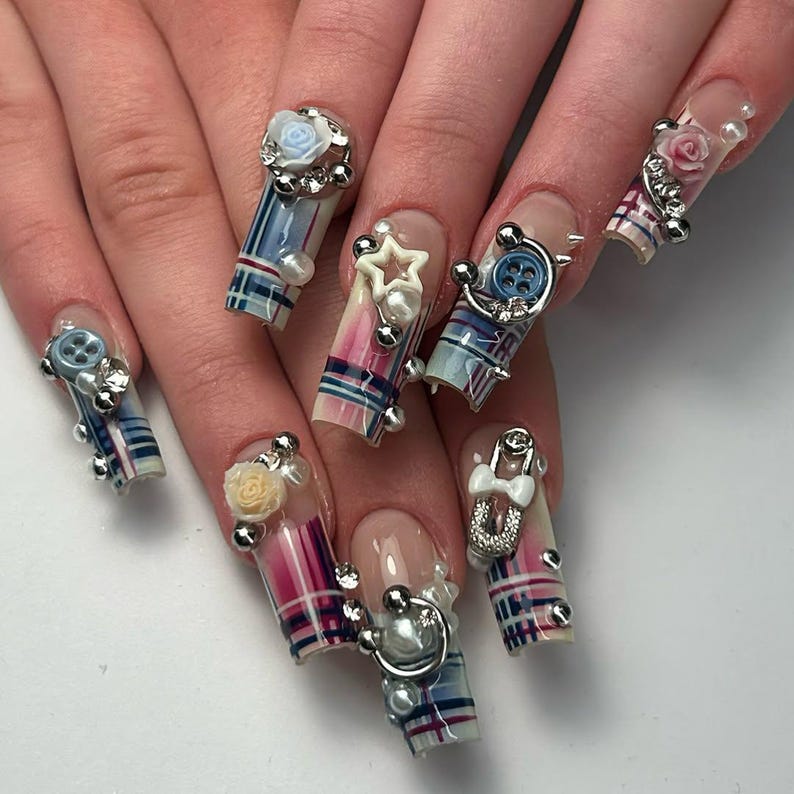 Cute Luxury 3D Charm Statement Long Square Press On Nails