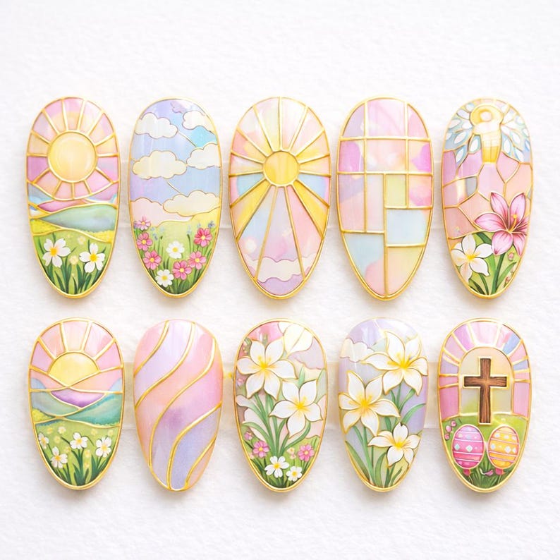 Stained Glass Cross Lily Easter Press On Nails