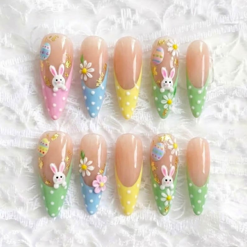 3D Bunny Daisy Easter Polka Dot Press On Nails