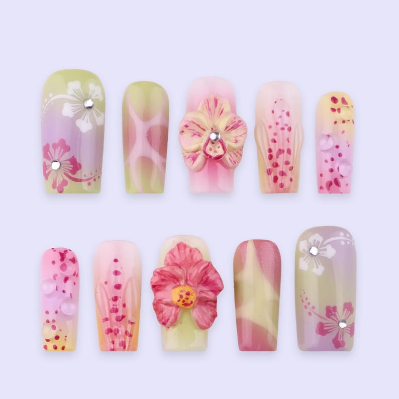 Soft Multicolor 3D Floral Everyday Press On Nails