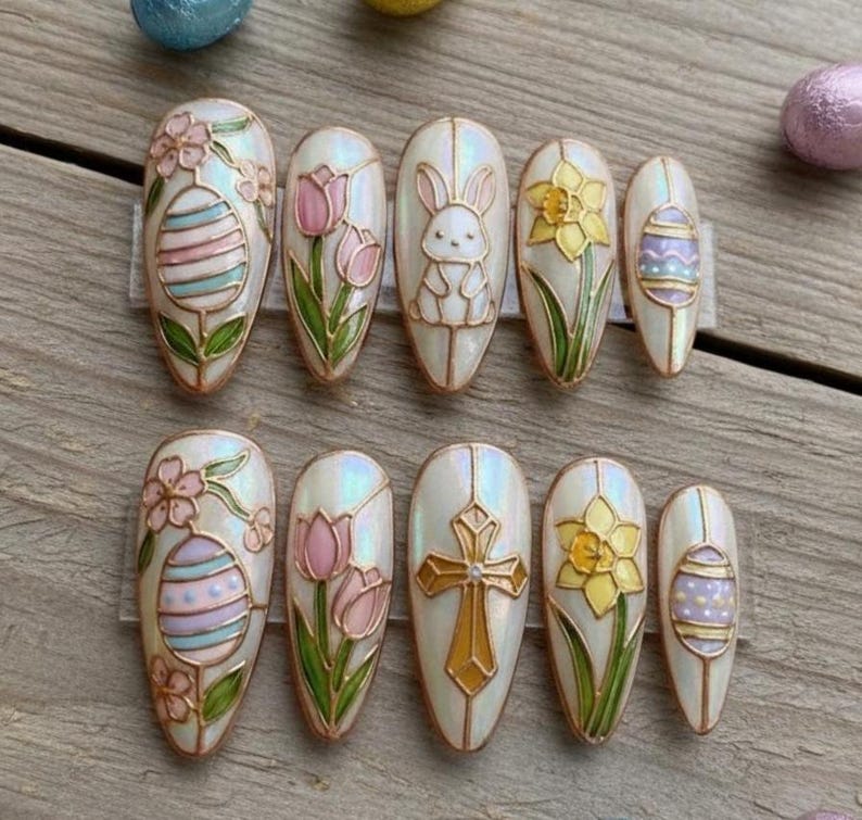 Stained Glass Aurora Chrome Spring Press On Nails