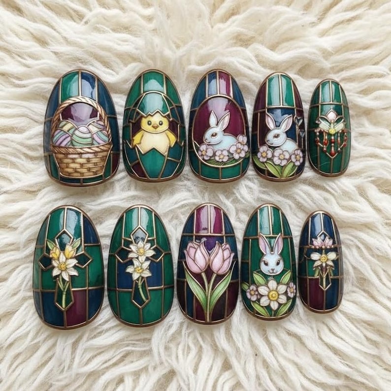 Easter Stained Glass Bunny Chick Press On Nails
