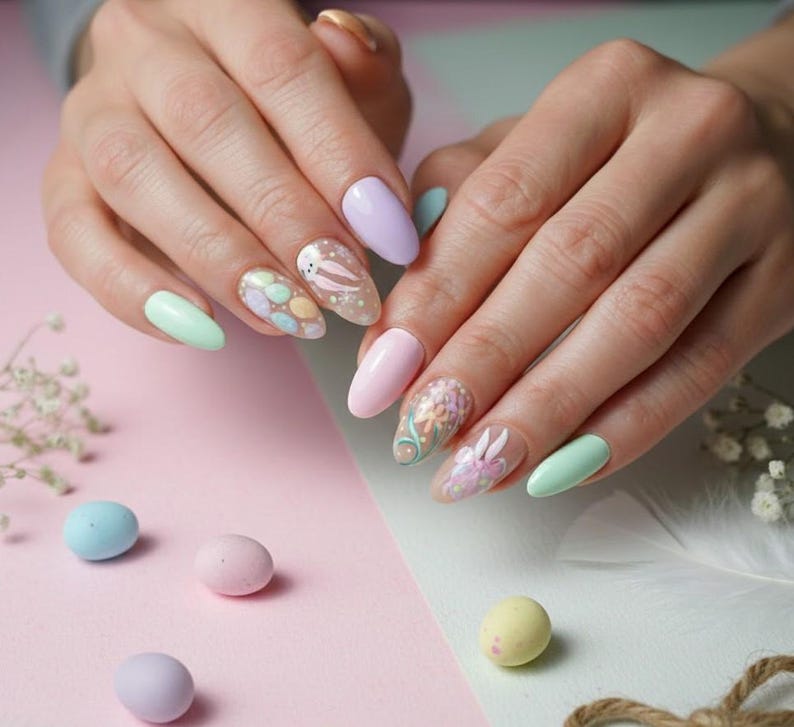 Pastel Easter Bunny Spring Press On Nails