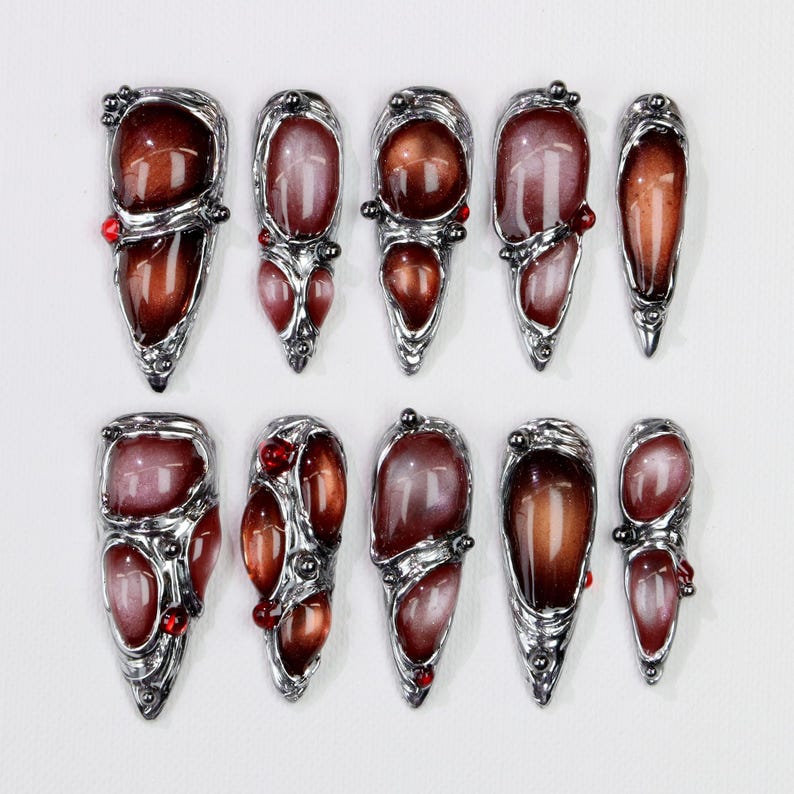 Gothic Crimson Silver Claw Luxury Press On Nails